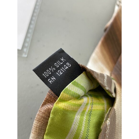 Brown Striped 100% Silk Neck Tie With Green Plaid Accent Business Professional - Picture 3 of 6
